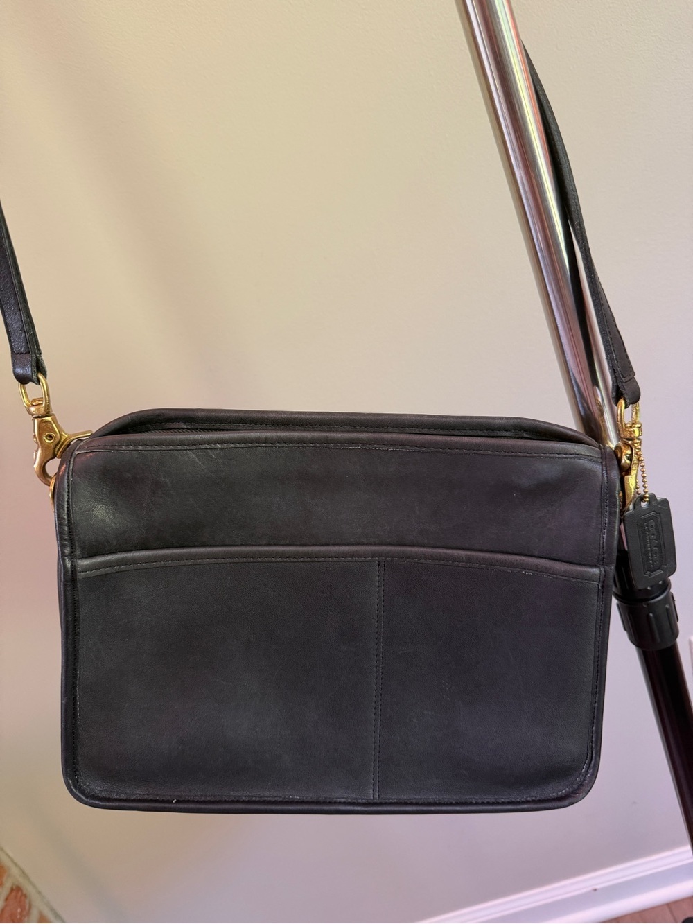 Vintage Coach Companion Bag Black Leather Tote Brass Snap Embossed Logo Interior